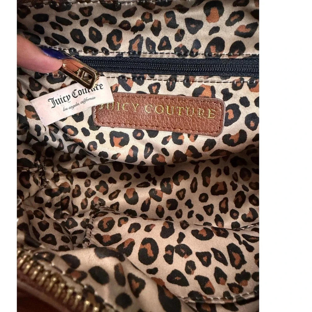 Juicy Couture Brown Leather Crossbody Bag Heart Padlock Leopard Print Lining - Picture 8 of 15